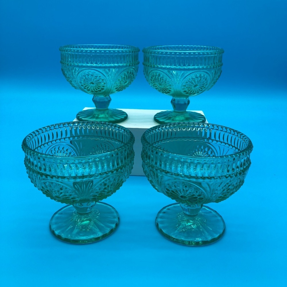 Set of 4 Pioneer Woman Adeline Teal Glass Footed Dessert Bowls, 13oz Sundae Cups